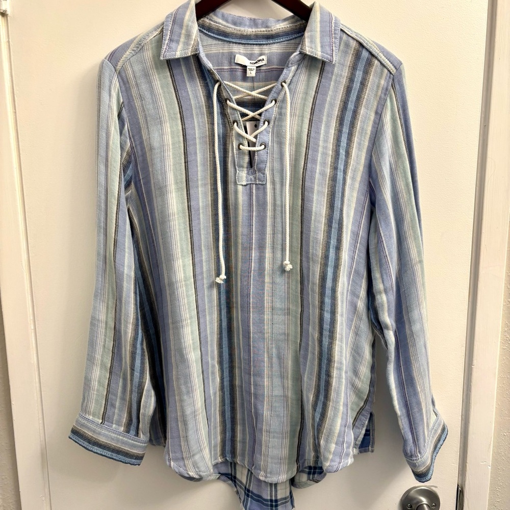 SONOMA Womens Striped Top Large‎ Lace Up Pullover Long Sleeve Coastal Beachy New